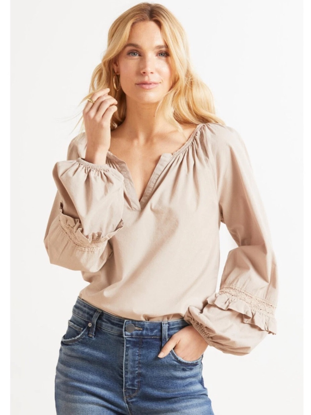 Evereve Elli Poplin Top Sandstone Beige Size Woman’s L Balloon Sleeve